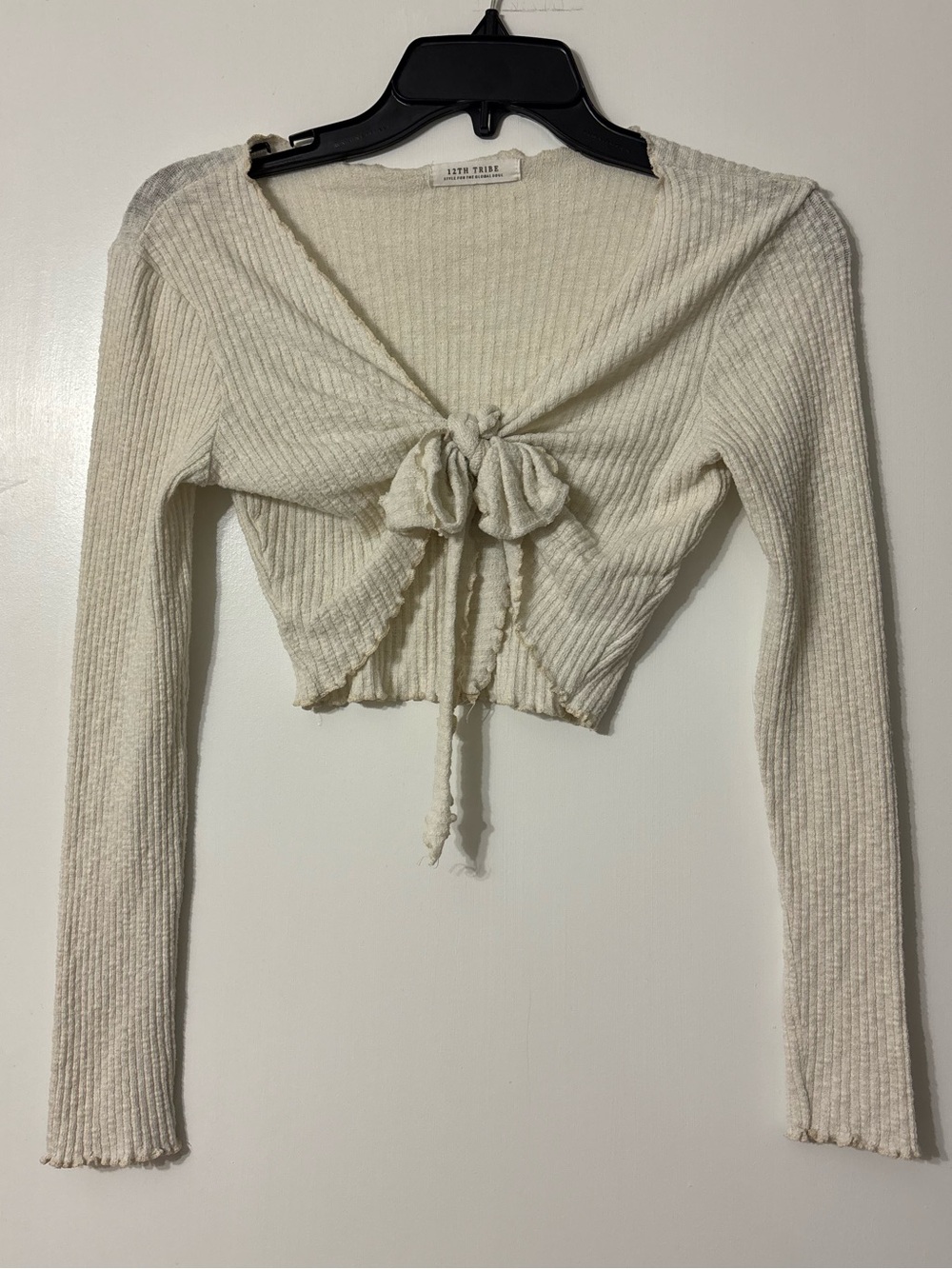 12th Tribe Cream Ribbed Tie-Front Long Sleeve Top